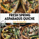 Rustic asparagus and mushroom quiche in a sourdough crust served on a wooden table with herbs.